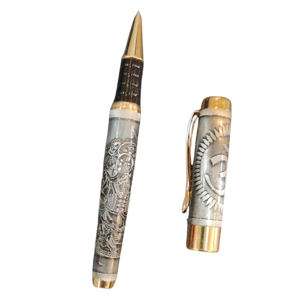 Gold Plated Shri Ganesh Engraved Roller Ball Pen with table clock