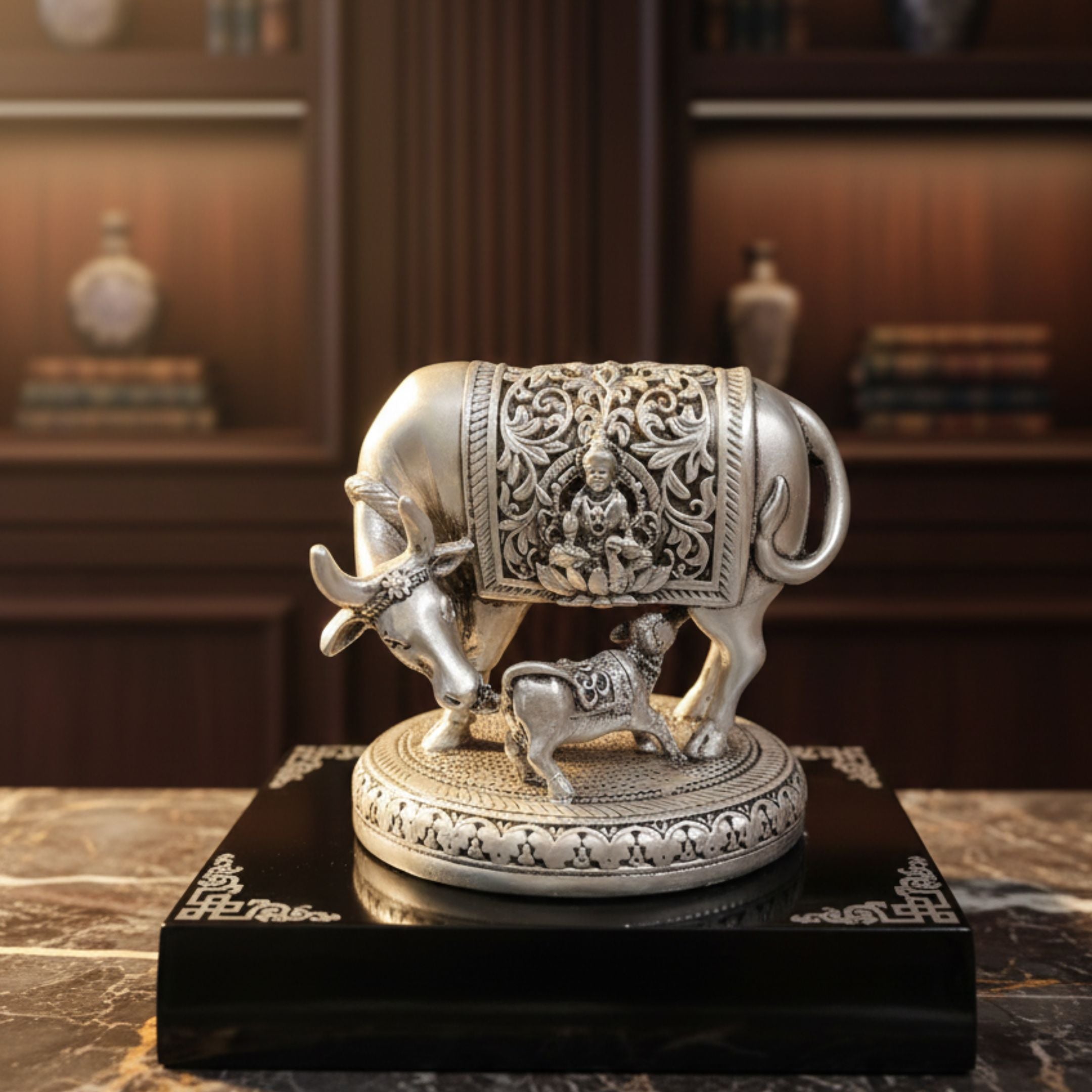 Silver plated Kamdhenu Cow with Calf Idol