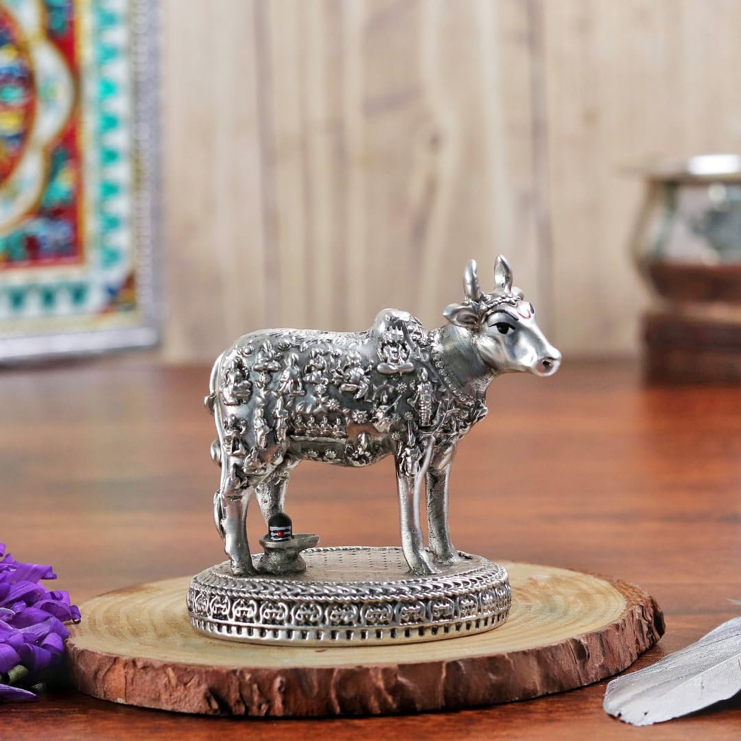 Silver plated Kamdhenu Cow with Calf Idol