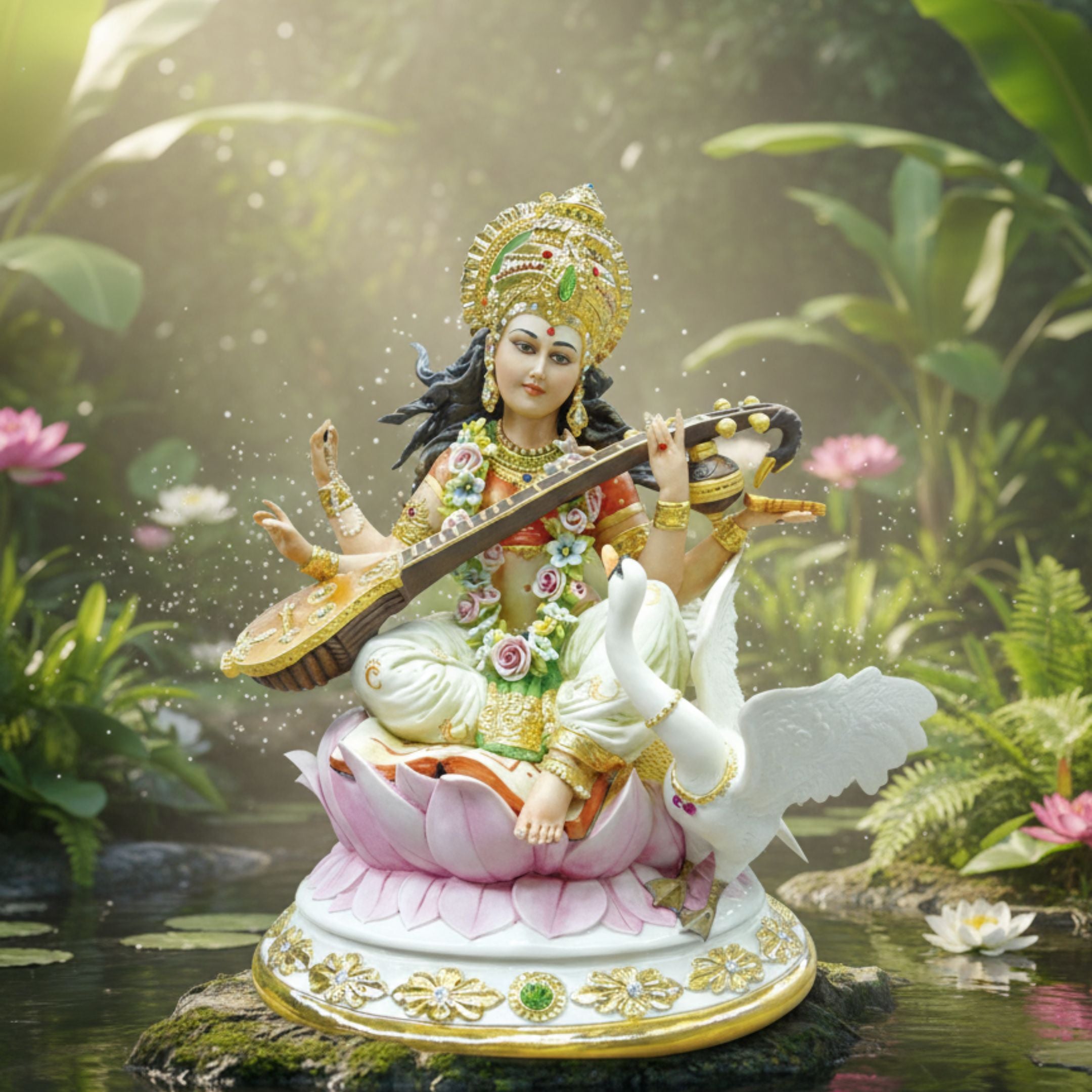 SARASWATI (COLOR) "Idol in Sterling Silver — Handcrafted Divine Masterpiece for Puja & Collectors. ( H 40 CM)