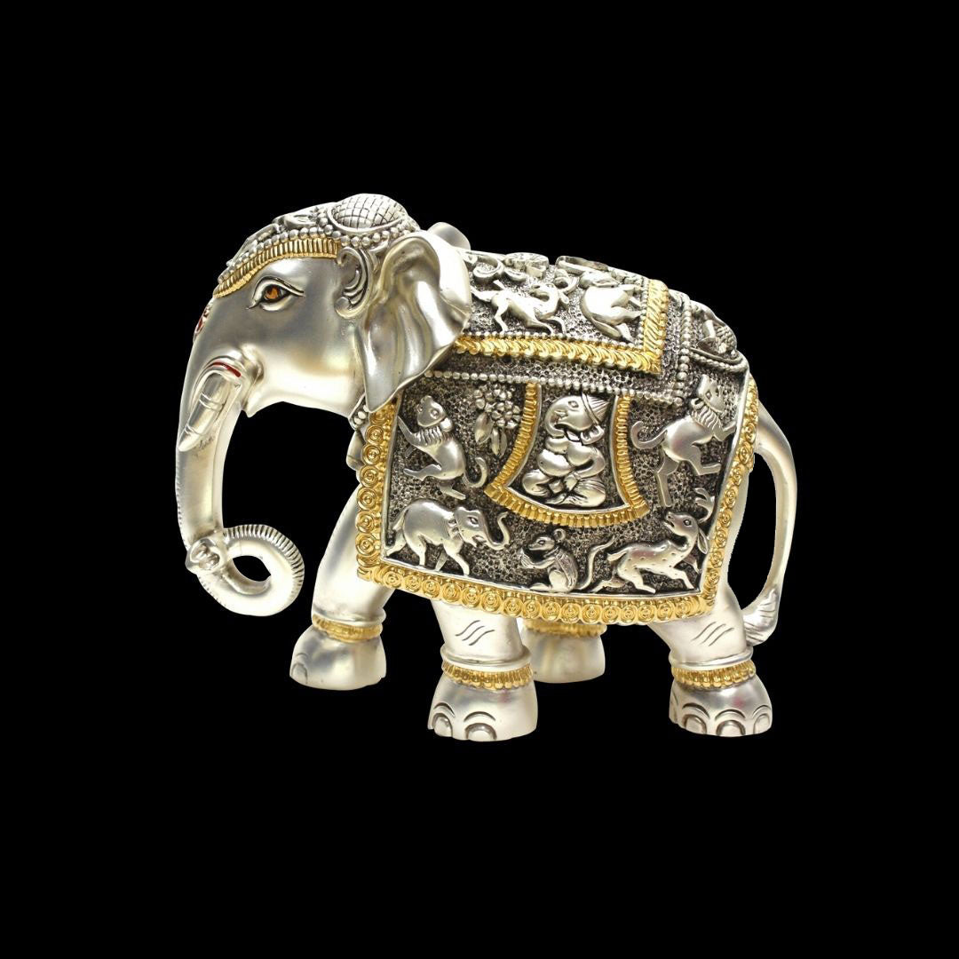 Elephant Figurine in Silver Matte with Golden Border – Elegant Home Décor. ( H 19 CMS)