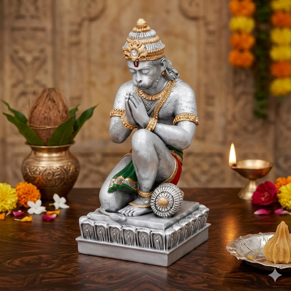 SITTING HANUMANJI   Idol in Sterling Silver — Handcrafted Divine Masterpiece for Puja & Collectors. ( H 25 CM)