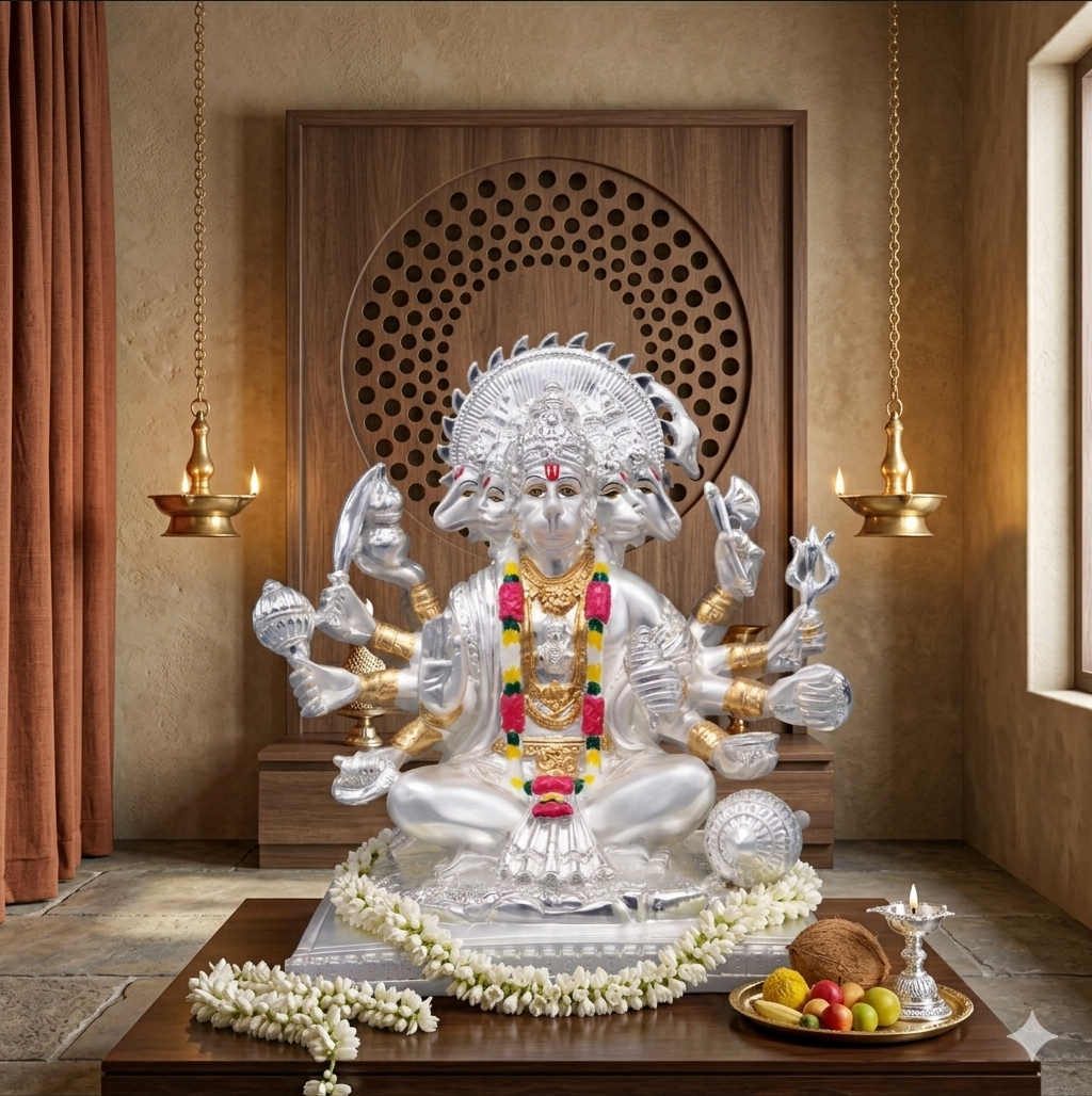 PUNCHMUKHI HANUMANJI   Idol in Sterling Silver — Handcrafted Divine Masterpiece for Puja & Collectors. ( H 20 CM)