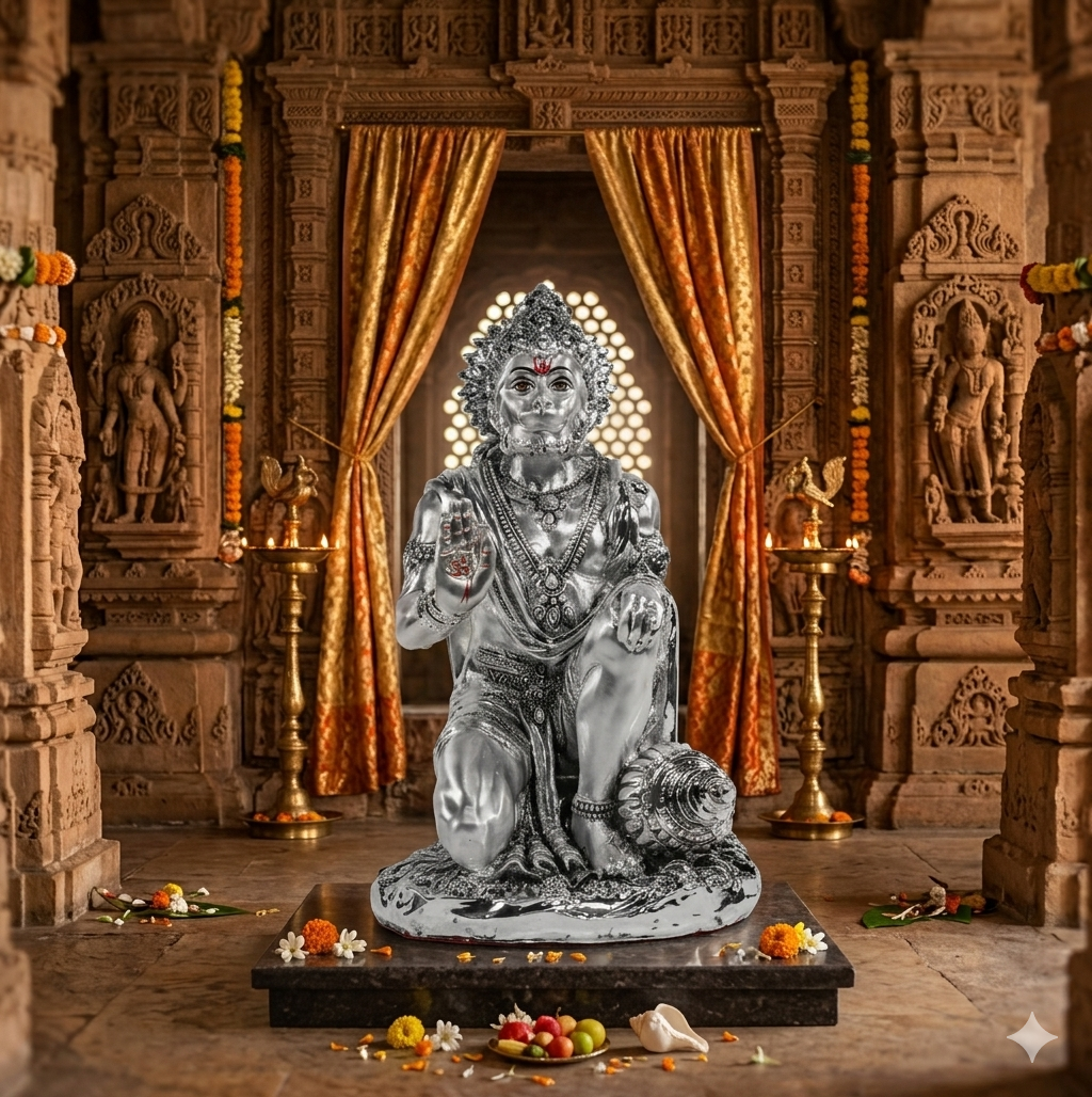AASHIRWARD HANUMANJI   Idol in Sterling Silver — Handcrafted Divine Masterpiece for Puja & Collectors. ( H 18 CMS)
