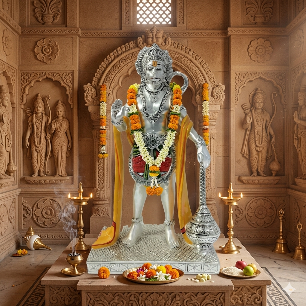 STANDING HANUMAN JI Idol in Sterling Silver — Handcrafted Divine Masterpiece for Puja & Collectors ( H 41 CM)
