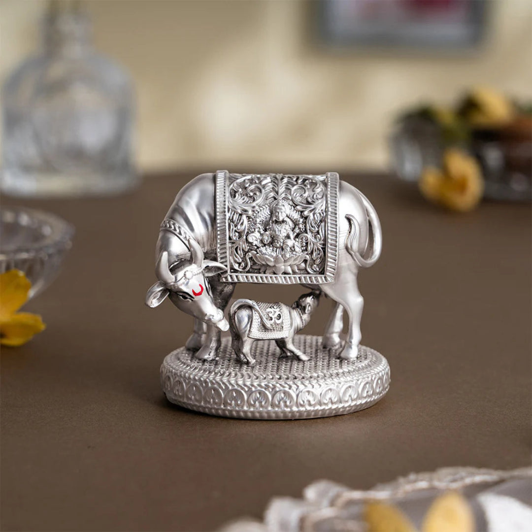 Silver plated Kamdhenu Cow with Calf Idol