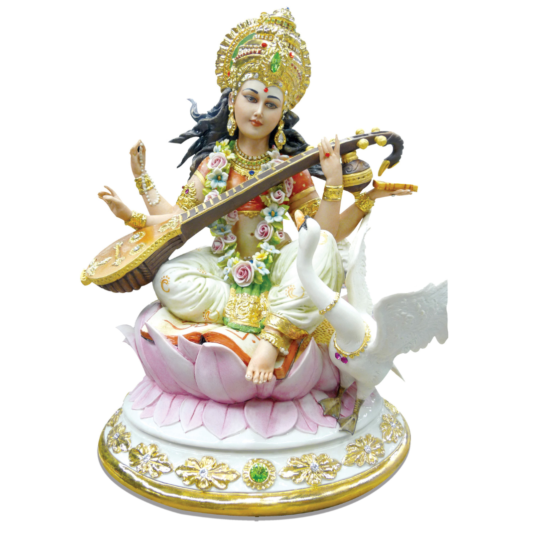 SARASWATI (COLOR) "Idol in Sterling Silver — Handcrafted Divine Masterpiece for Puja & Collectors. ( H 40 CM)