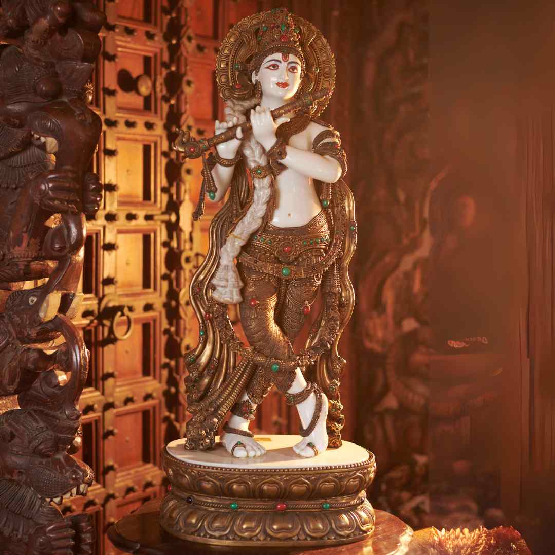 Murlidhar Idol – Handcrafted Bronze & Porcelain Lord Krishna Statue for Spiritual Decor (87 cm)