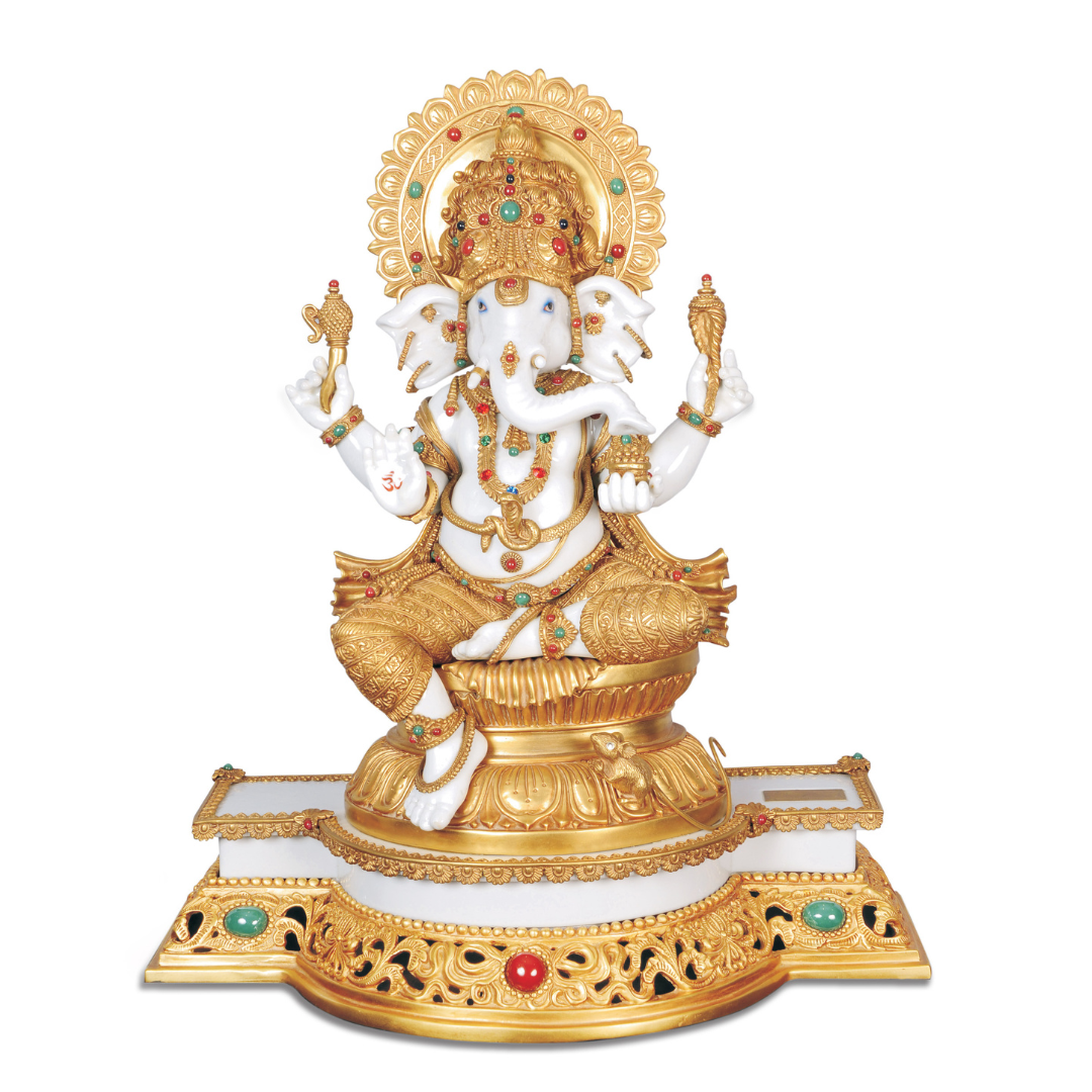 GAJANANA Handcrafted In Gold Bronze & Porcelain  Idol in Sterling Silver — Handcrafted Divine Masterpiece for Puja & Collectors. ( H 45 CM)