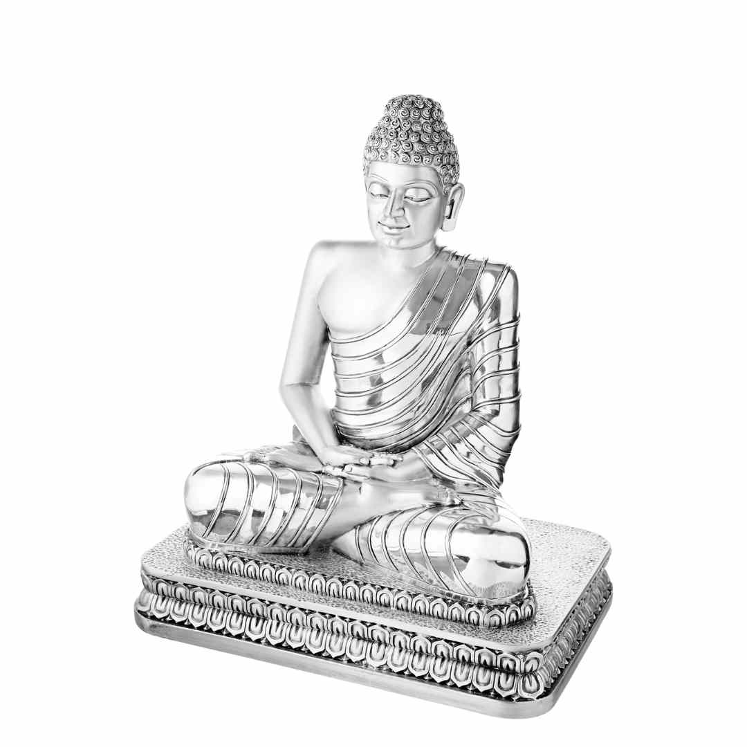 "MEDITATING BUDDHA  Idol in Sterling Silver — Handcrafted Divine Masterpiece for Puja & Collectors ( H 29 CM )"