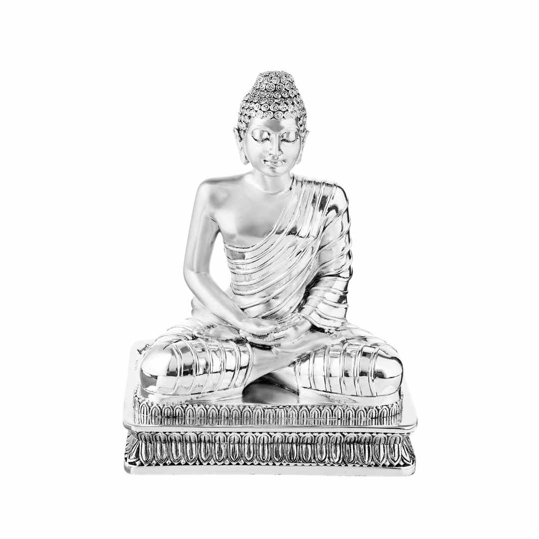 MEDITATING BUDDHA  Idol in Sterling Silver — Handcrafted Divine Masterpiece for Puja & Collectors ( H 23 CM )