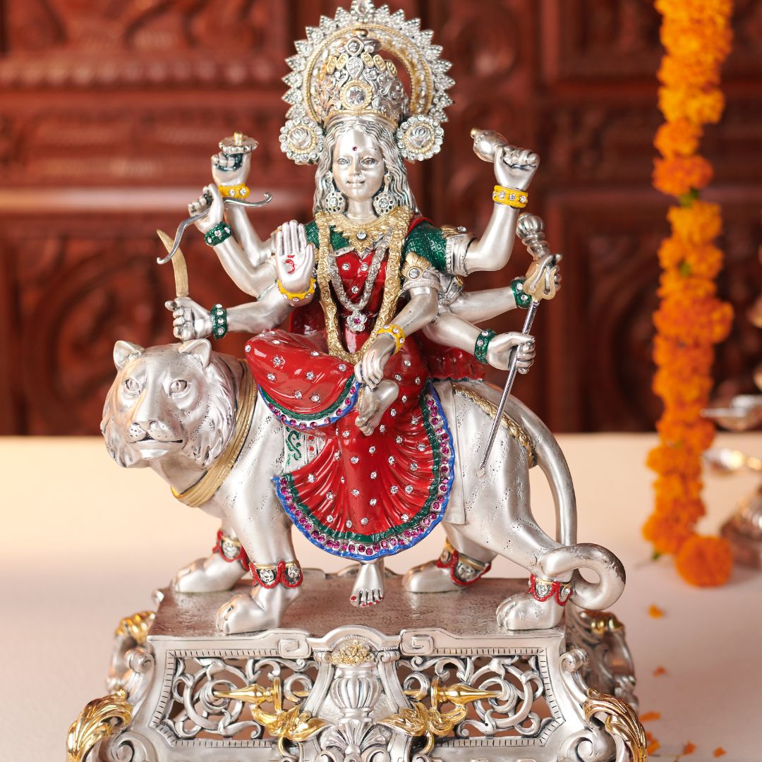 MAA DURGA  Idol in Sterling Silver — Handcrafted Divine Masterpiece for Puja & Collectors. ( H 46 CM)