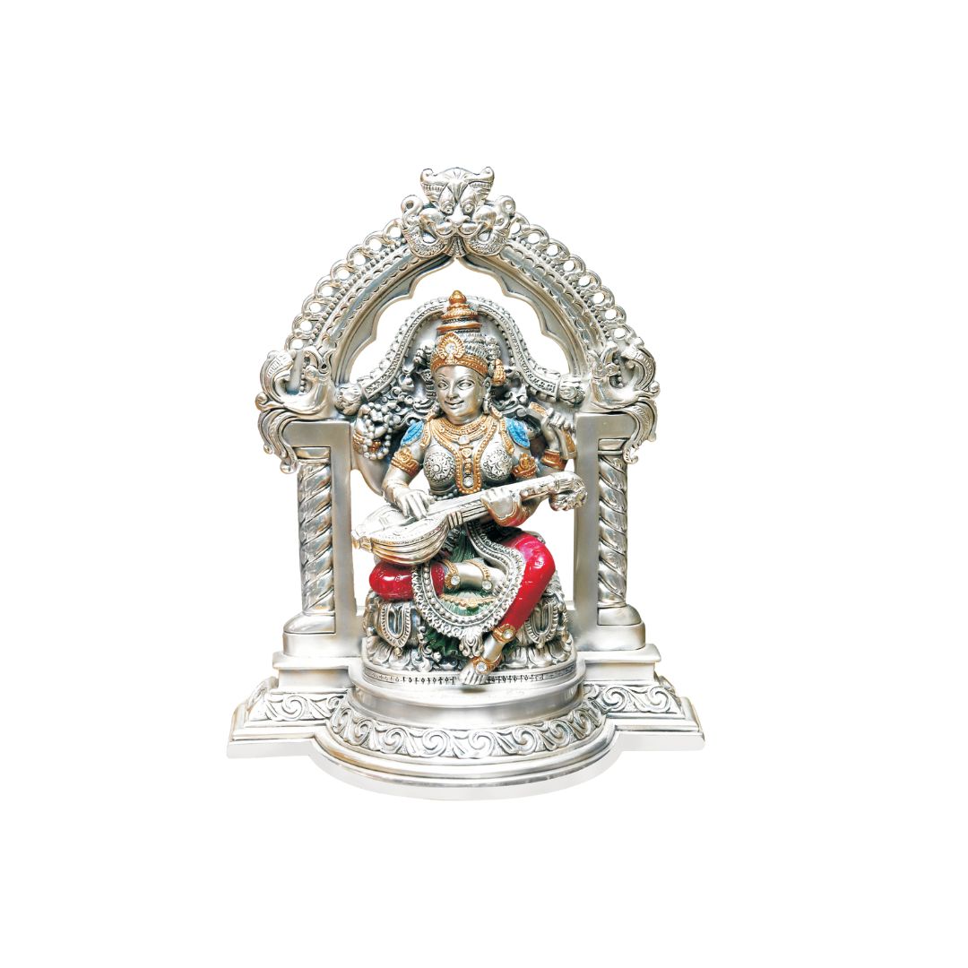 SARASWATI "Idol in Sterling Silver — Handcrafted Divine Masterpiece for Puja & Collectors.  (22 CM)