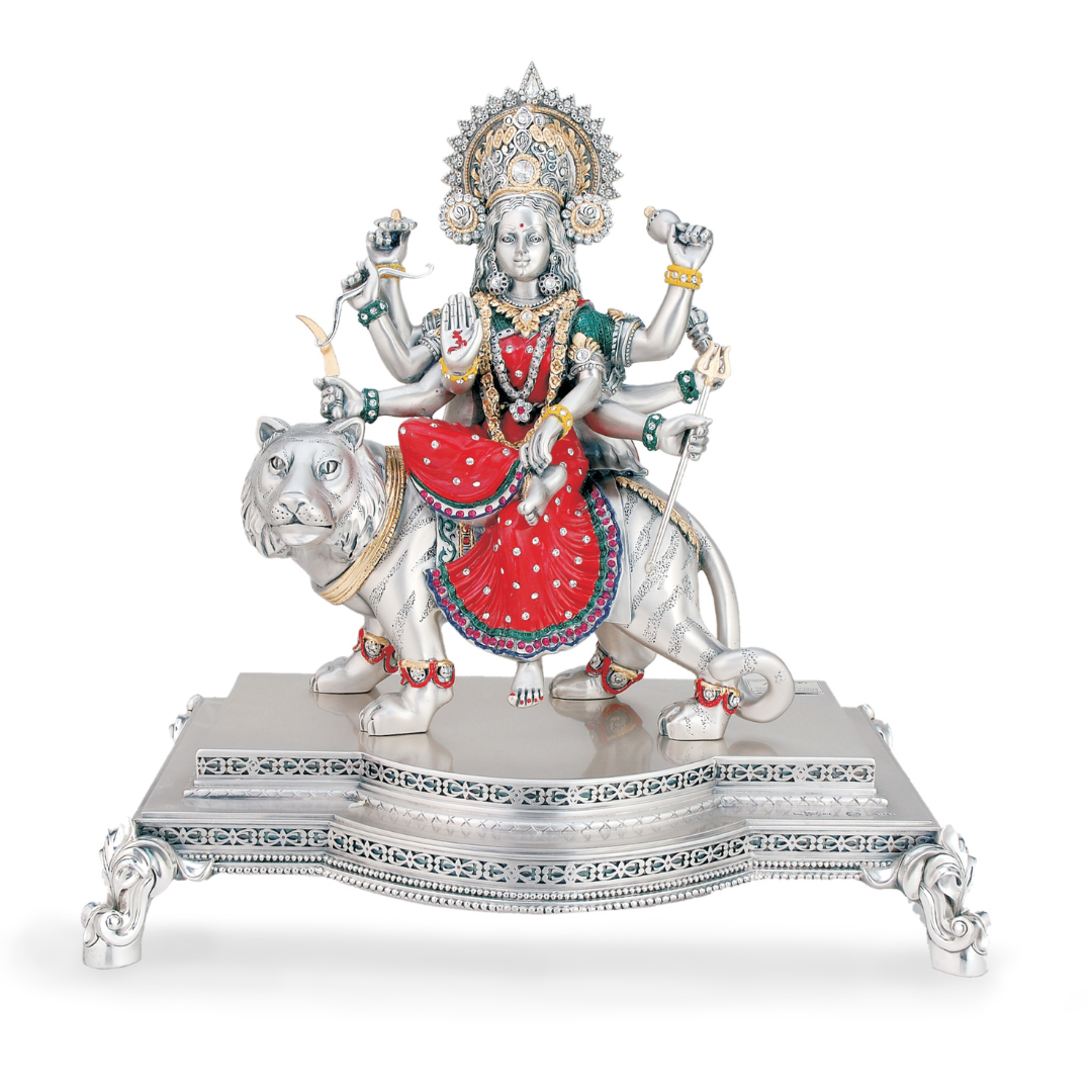 MAA DURGA WITH BASE  Idol in Sterling Silver — Handcrafted Divine Masterpiece for Puja & Collectors. ( H 44 CM )
