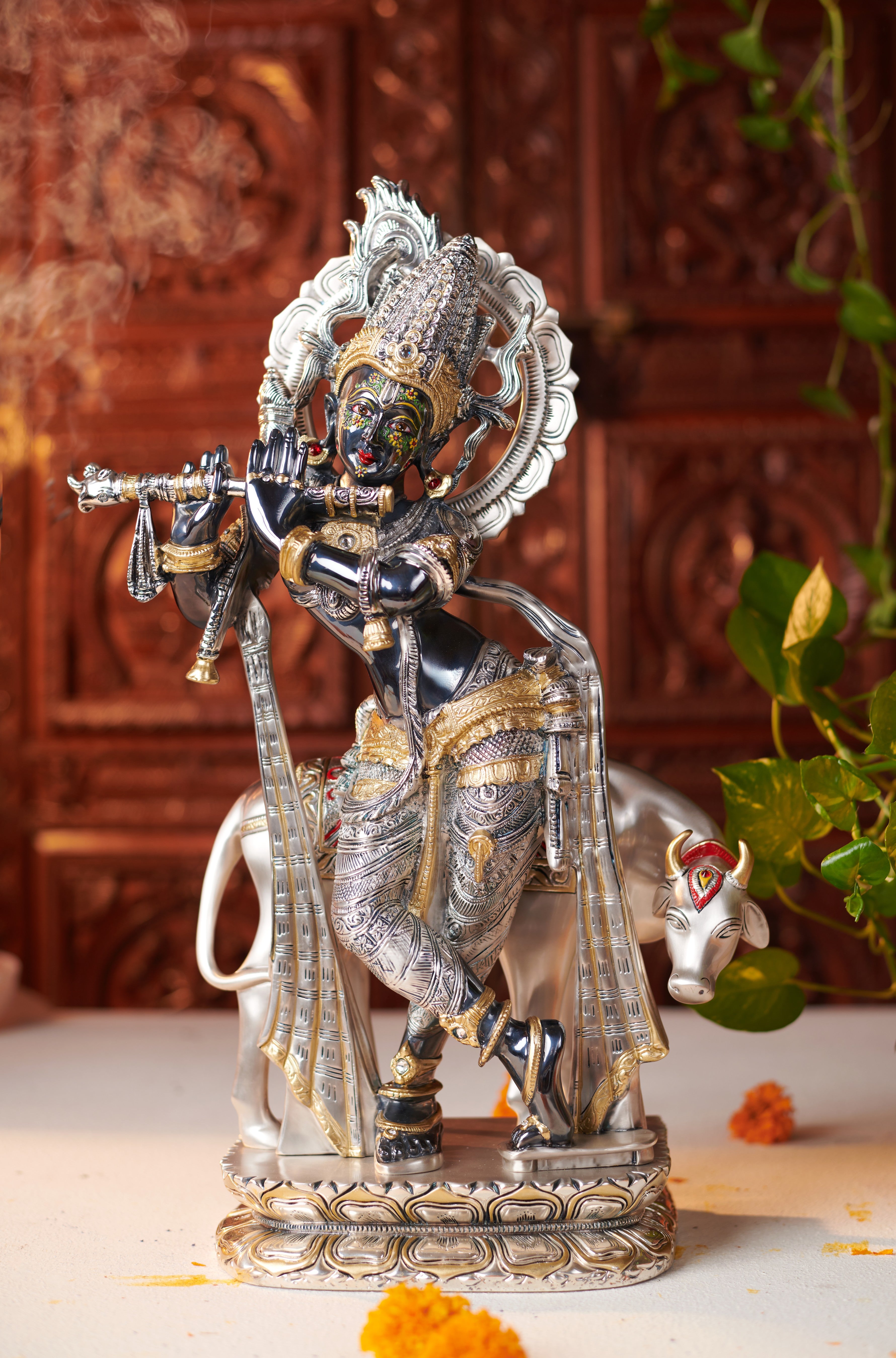 KRISHNA BLACK/GOLD "Idol in Sterling Silver — Handcrafted Divine Masterpiece for Puja & Collectors ( H 55 CM )