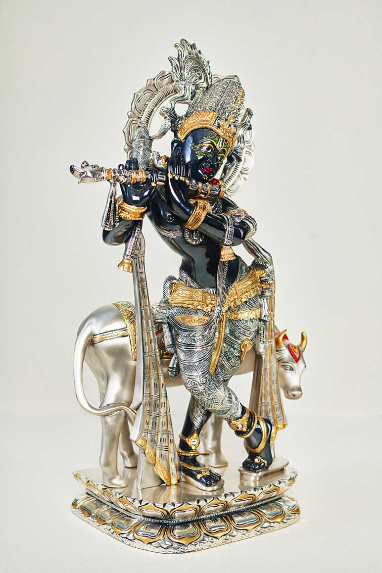 Krishna Black & Gold Idol in Sterling Silver – Handcrafted Divine Masterpiece for Puja & Collectors | 55 cm
