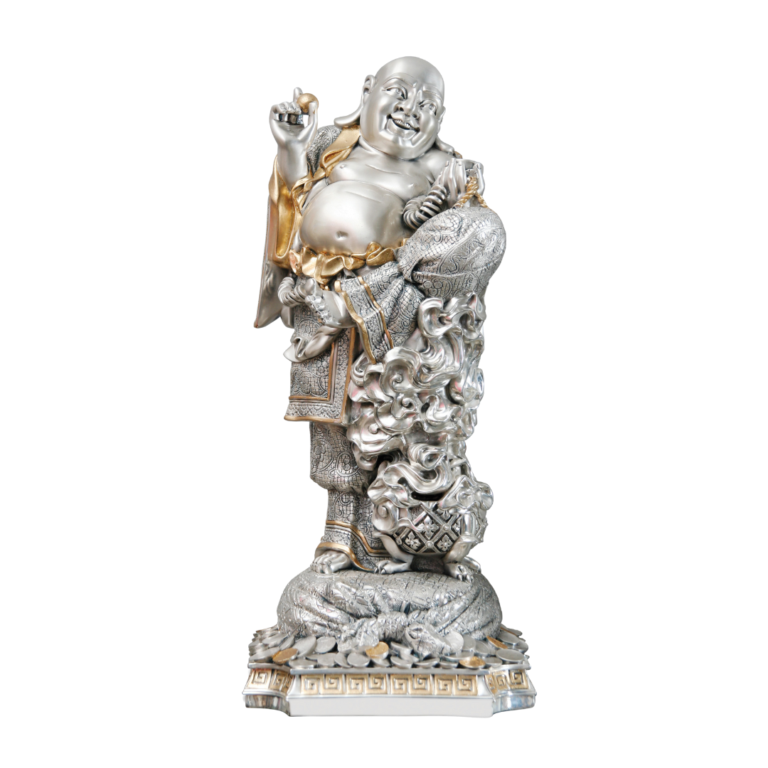 Buddha  (GOLD + SILVER FINISH ""Idol in Sterling Silver — Handcrafted Divine Masterpiece for Puja & Collectors. ( H 46 CM)