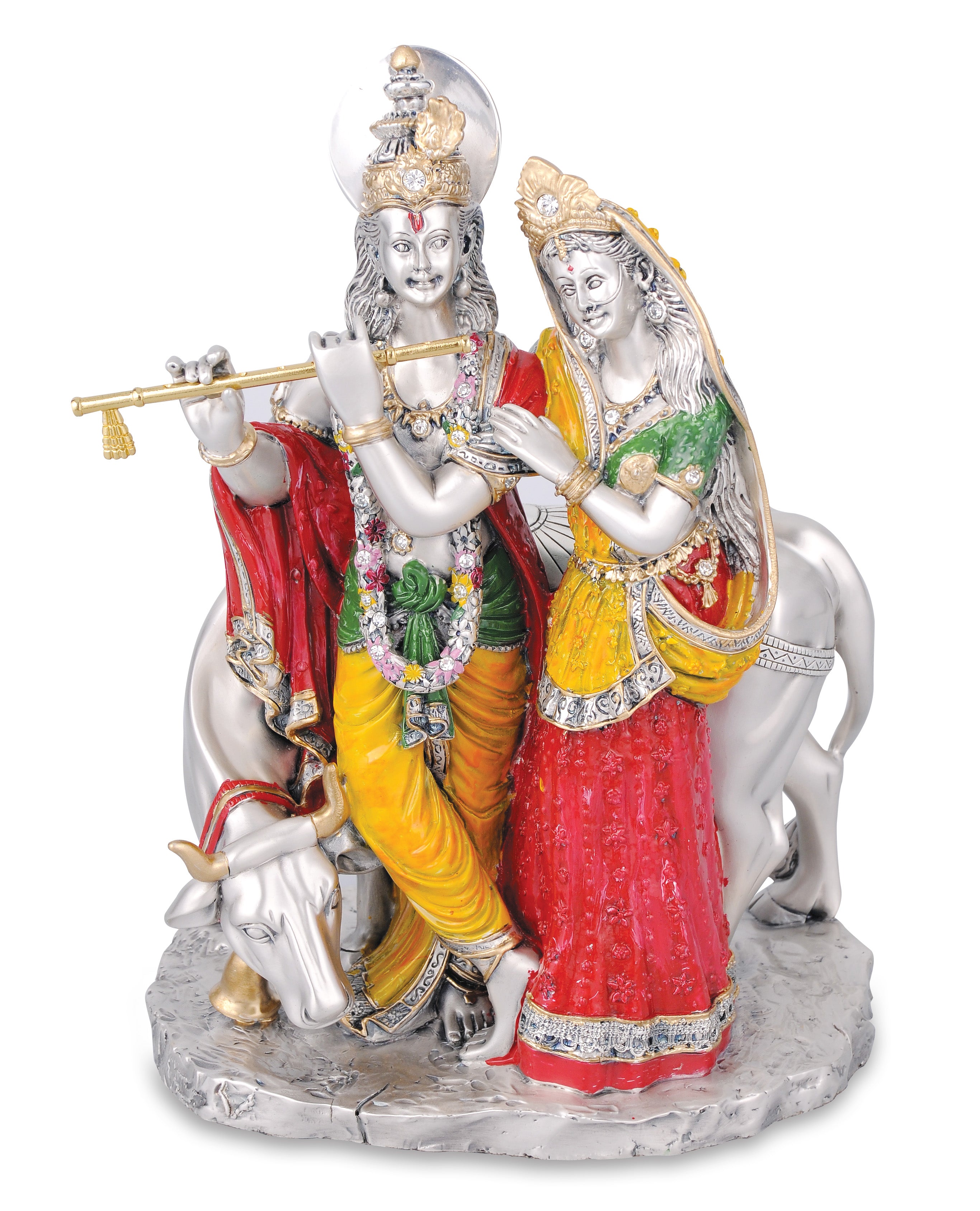 RADHA KRISHNA WITH COW "Idol in Sterling Silver — Handcrafted Divine Masterpiece for Puja & Collectors ( H 29 CM)