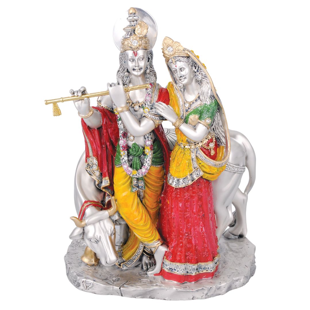 Radha Krishna with Cow Idol – Beautiful Divine Couple Statue with Sacred Cow for Home Puja (29 cm)