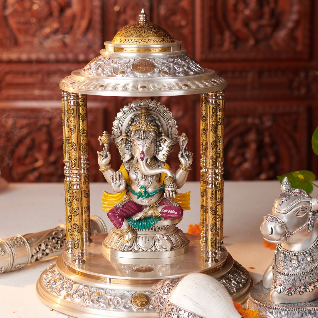 VINAYAKA TEMPLE' ""Idol in Sterling Silver — Handcrafted Divine Masterpiece for Puja & Collectors. (46 CM)