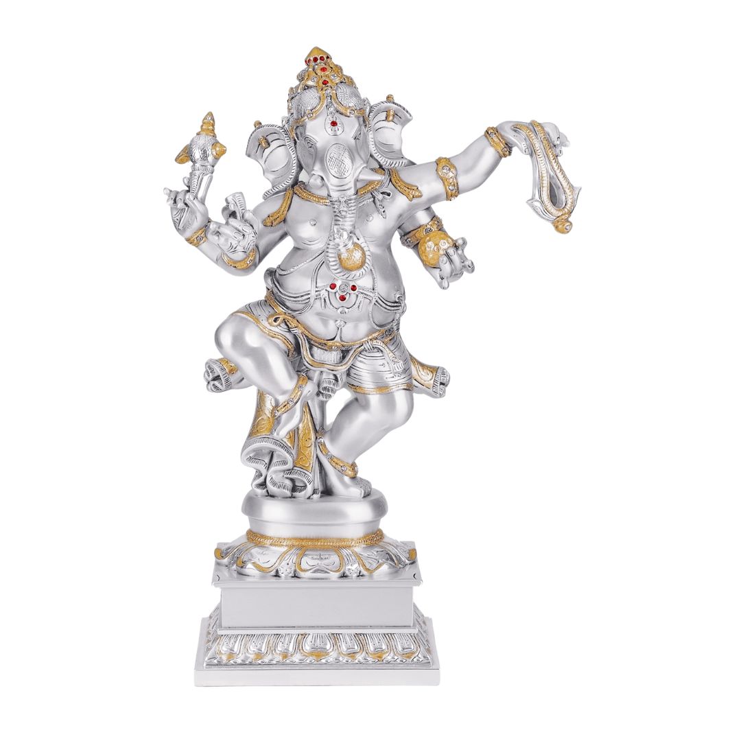 DANCING GANESHA  "Idol in Sterling Silver — Handcrafted Divine Masterpiece for Puja & Collectors. (39.5 CM)