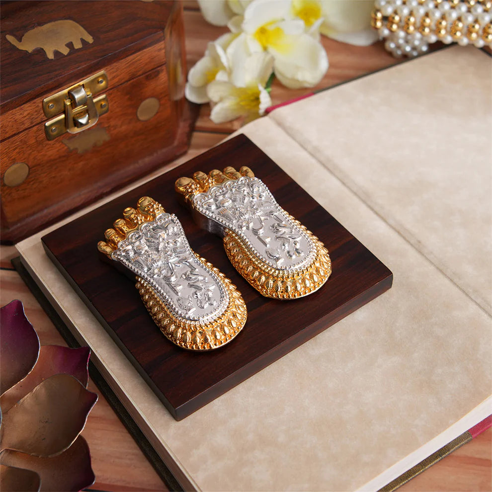 Maa Lakshmi's Charan Paduka on Elegant Base - Gold & Silver Plated small. ( H 3 CMS)
