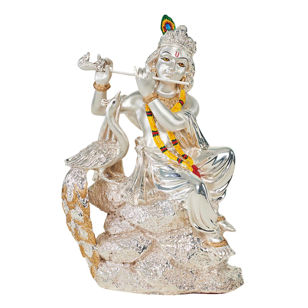 KRISHNA ON ROCK  "Idol in Sterling Silver — Handcrafted Divine Masterpiece for Puja & Collectors. ( H 30 CM)