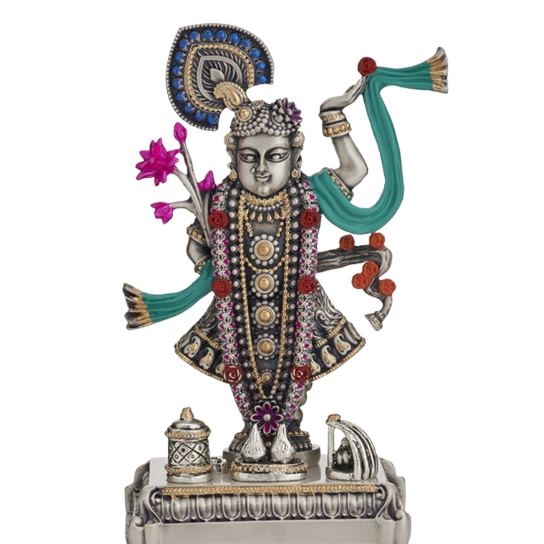 Goverdhan Idol – Beautiful Lord Krishna Lifting Goverdhan Hill Statue for Home Puja (21 cm)