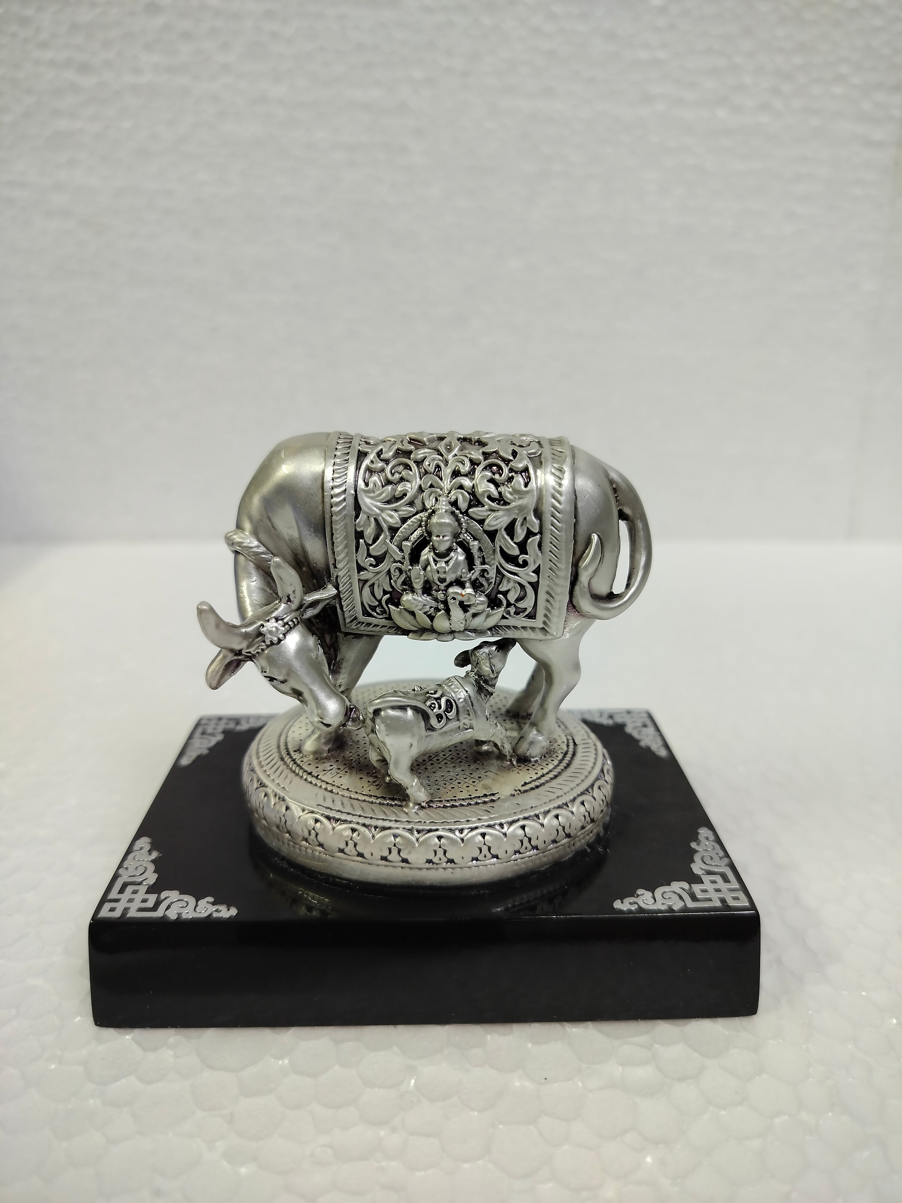 Silver plated Kamdhenu Cow with Calf Idol with wooden base