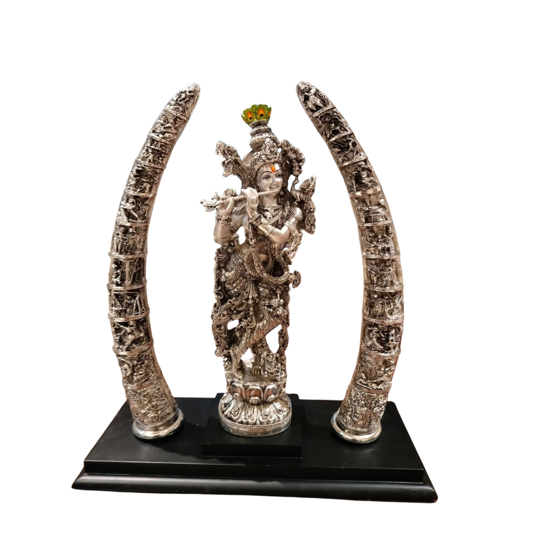 KRISHNA WITH HORN SET  "Idol in Sterling Silver — Handcrafted Divine Masterpiece for Puja & Collectors