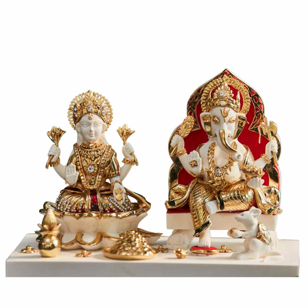 Set of Ganesha & Laxmi With Base Idol   Handcrafted Divine Masterpiece for Puja & Collectors ( H 13 CMS )