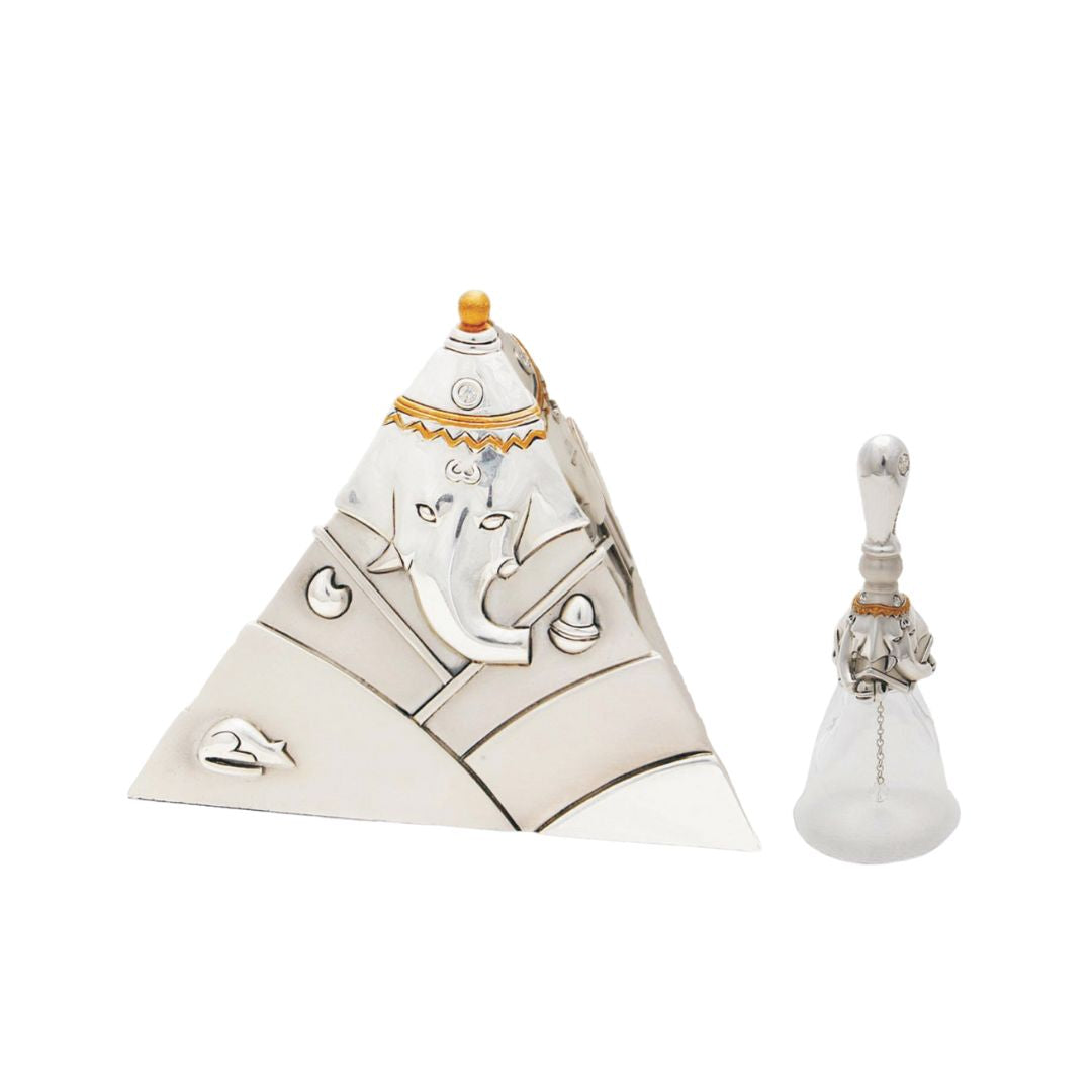 PYRAMID GANESHA + GLASS BELL ""Idol in Sterling Silver — Handcrafted Divine Masterpiece for Puja & Collectors (13 CM)
