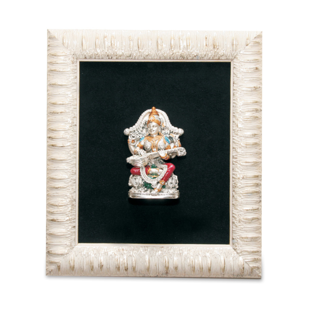 RELIGIOUS PICTURE OF SARASWATI PLAQUE Idol in Sterling Silver — Handcrafted Divine Masterpiece for Puja & Collectors"