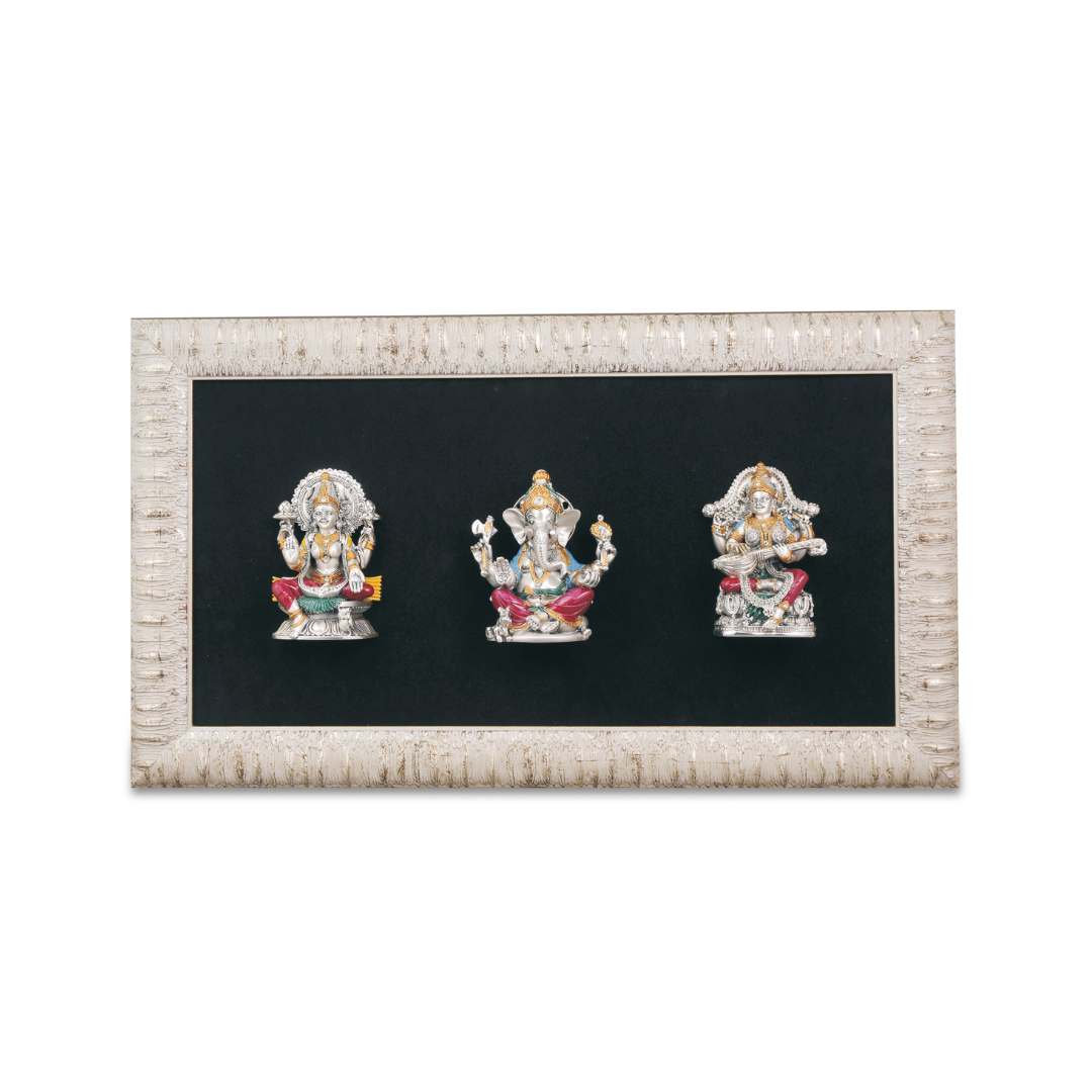 RELIGIOUS PICTURE OF GANESHA - LAXMI - SARASWATI PLAQUE Idol in Sterling Silver — Handcrafted Divine Masterpiece for Puja & Collectors"
