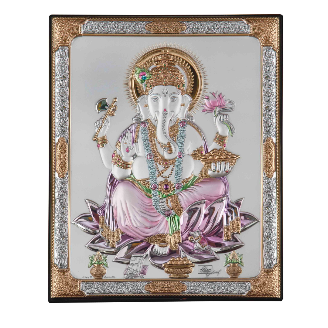 RELIGIOUS PICTURE OF GANESHA Idol in Sterling Silver — Handcrafted Divine Masterpiece for Puja & Collectors. ( H 28 CM)