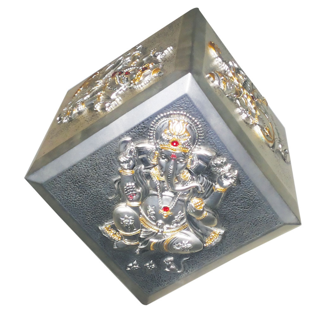 GANESHA, LAXMI, SARASWATI CUBE Idol in Sterling Silver — Handcrafted Divine Masterpiece for Puja & Collectors. ( H 18 CM)