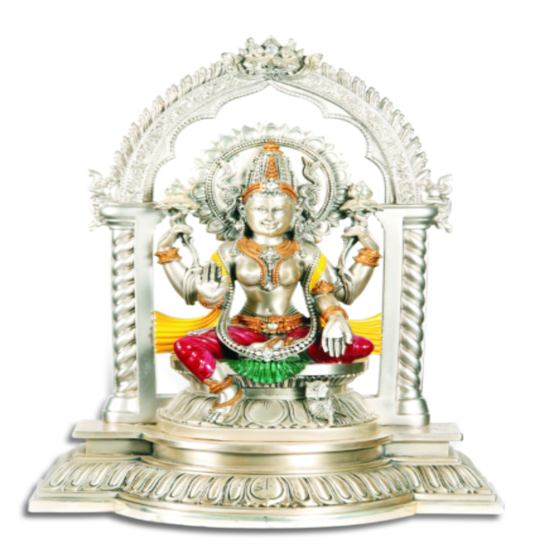 Decorative statue of a seated figure with colorful attire on a white background