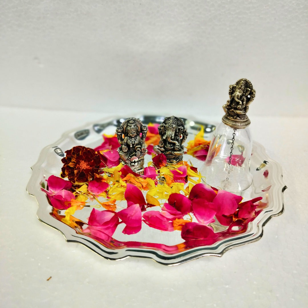 Antique Silver Pooja Thali Set with Lakshmi Ganesh Idols and Bell – Traditional Diwali Puja Plate