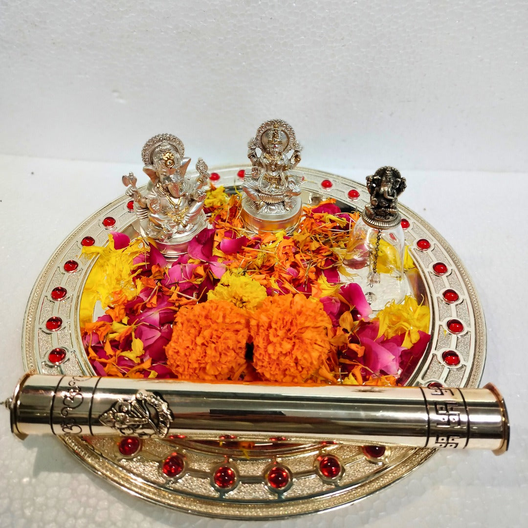 Silver Lakshmi Ganesh Puja Thali Set – Handcrafted Divine Gift for Festivals & Auspicious Rituals