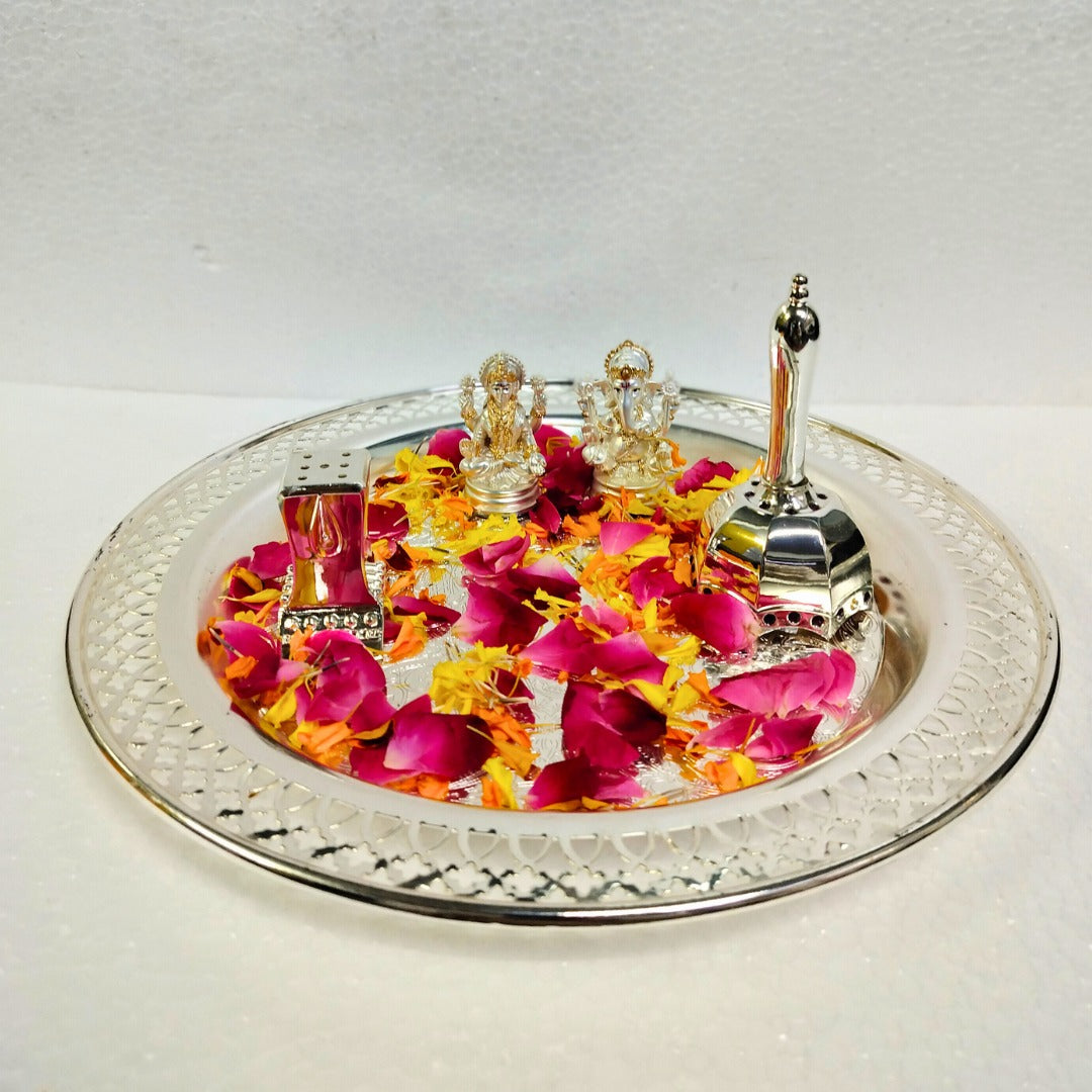 Silver Pooja Thali Set with Lakshmi Ganesh Idols and Flower Petals – Perfect for Diwali Puja & Home Decor