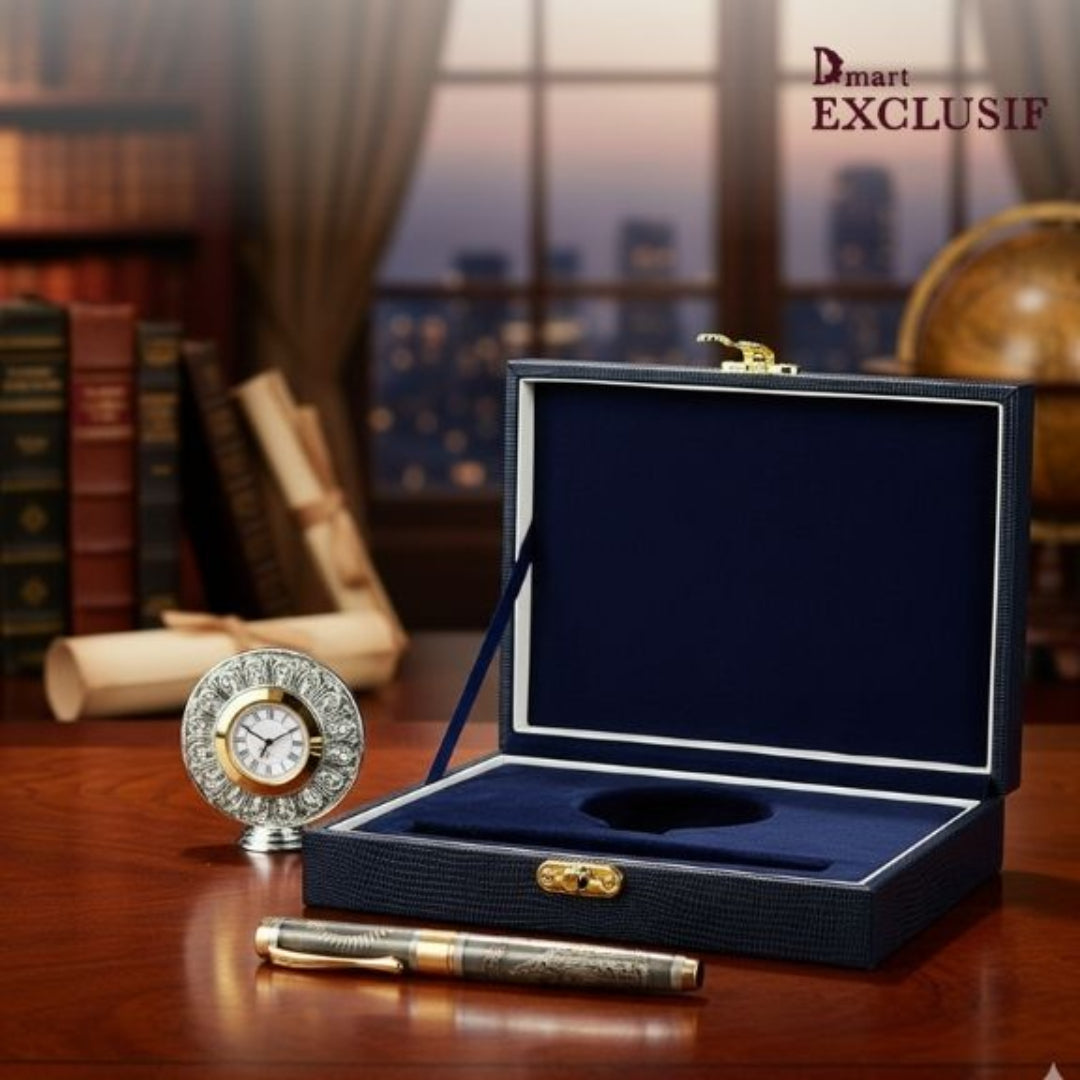 Gold Plated Shri Ganesh Engraved Roller Ball Pen with table clock