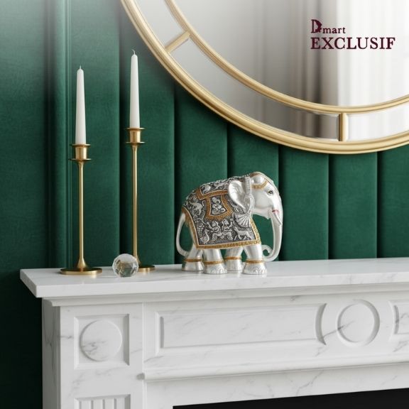 Elephant Figurine in Silver Matte with Golden Border – Elegant Home Décor. ( H 19 CMS)