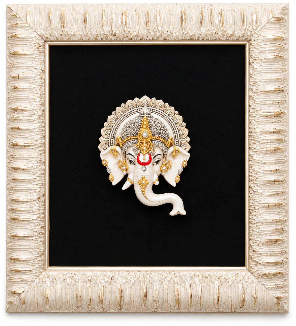 Ganesha Mask in Sterling Silver – Handcrafted Religious Wall Décor | 40 × 35 × 3 cm