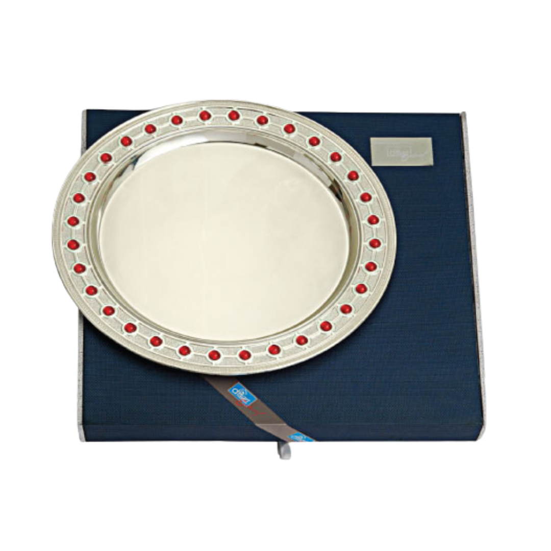 Elegant Silver Plated Decorative Tray with Red Stone Embellishments – Premium Gifting & Home Décor