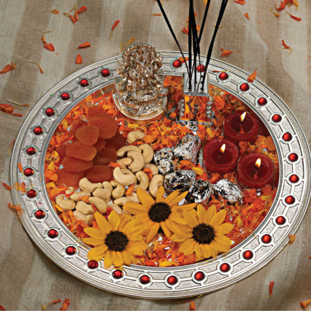 Elegant Silver Plated Decorative Tray with Red Stone Embellishments – Premium Gifting & Home Décor