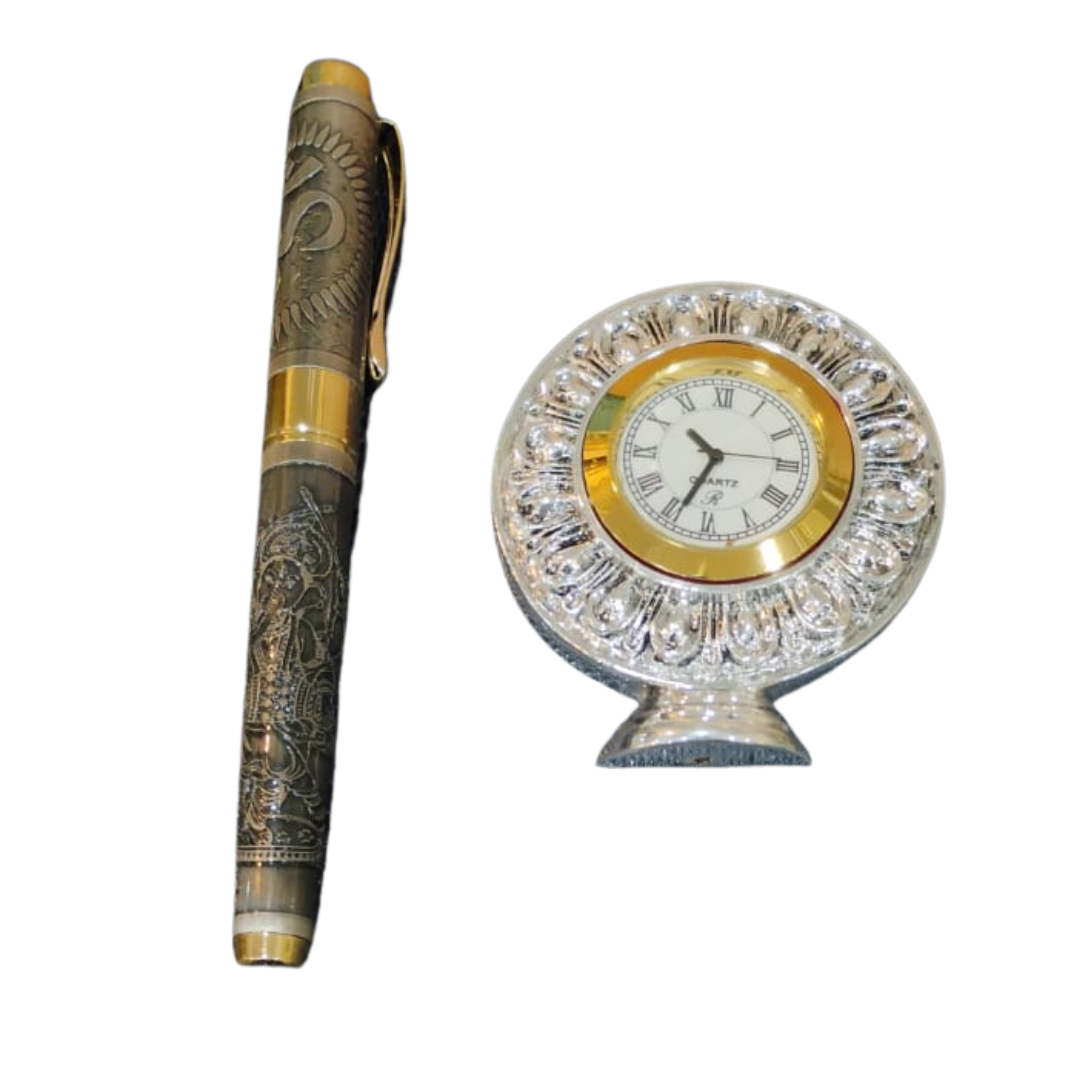 Gold Plated Shri Ganesh Engraved Roller Ball Pen with table clock