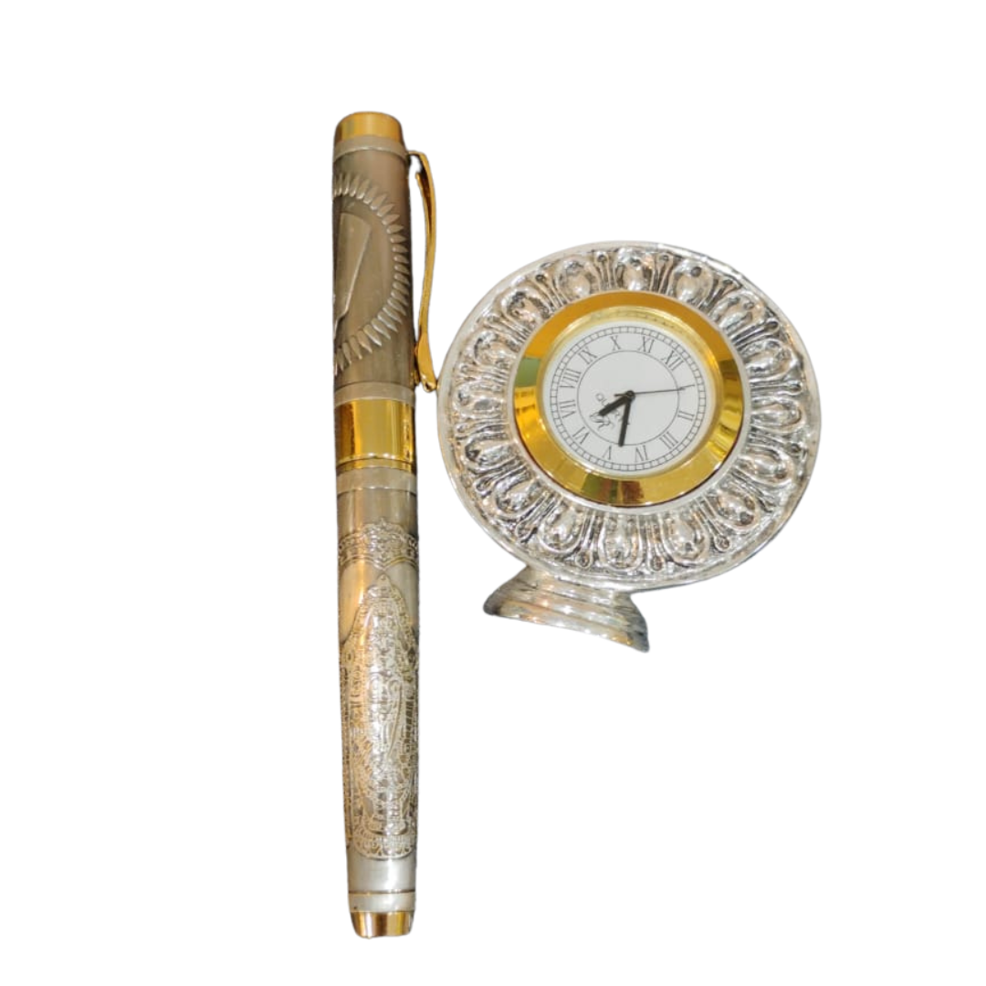 Gold Plated Shri Balaji Engraved Roller Ball Pen with table clock