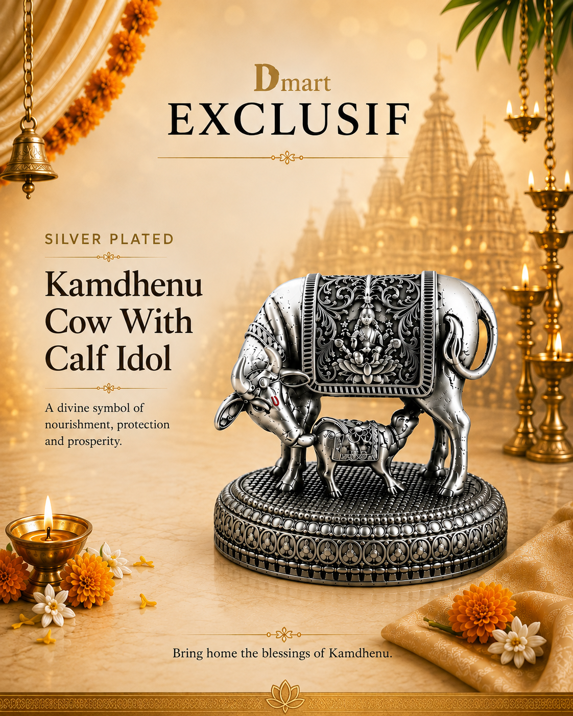 Silver plated Kamdhenu Cow with Calf Idol