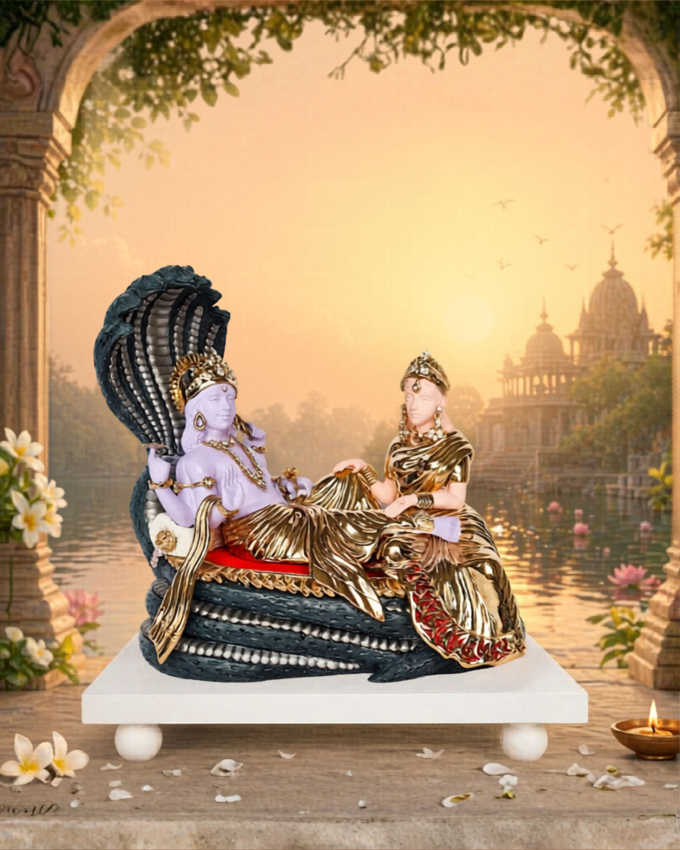 "Vishnu Laxmi Idol — Handcrafted Divine Masterpiece for Puja & Collectors. ( H 26 CM)